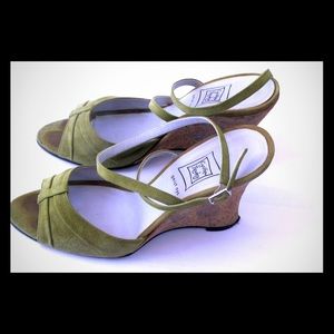Cynthia Rowley Green Suede Cork Wedge Heel Sandals